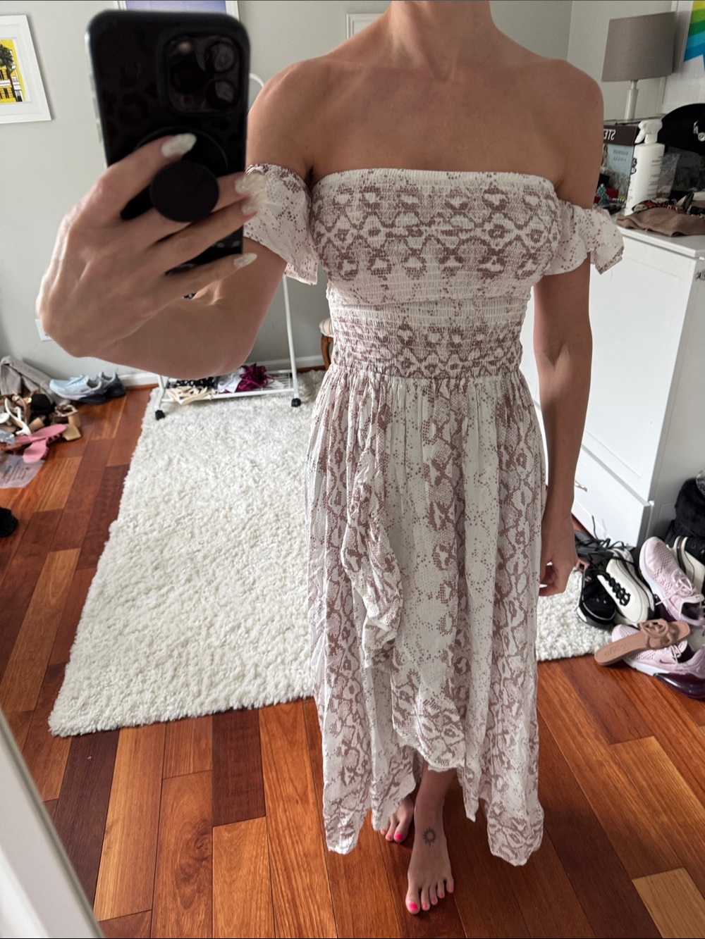 Surf Gypsy One-Shoulder Snake-Print Midi Dress in Cream and Taupe